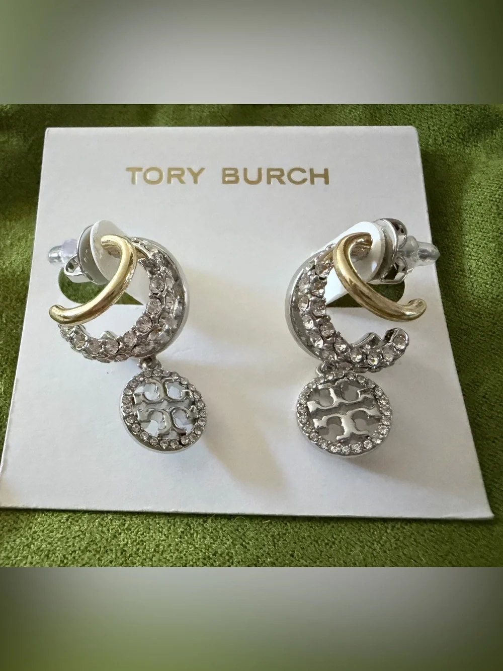 Tory Burch Three Layer Crystal Logo Drop Earrings